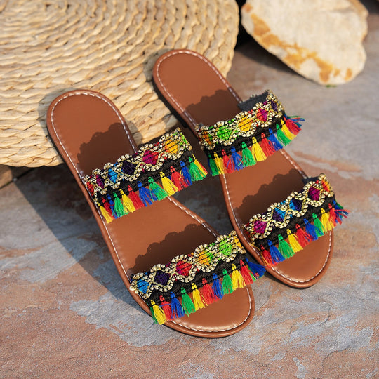 Damen Bunte Badeschuhe mit auffälligen Quasten und Schmuckverzierung EB