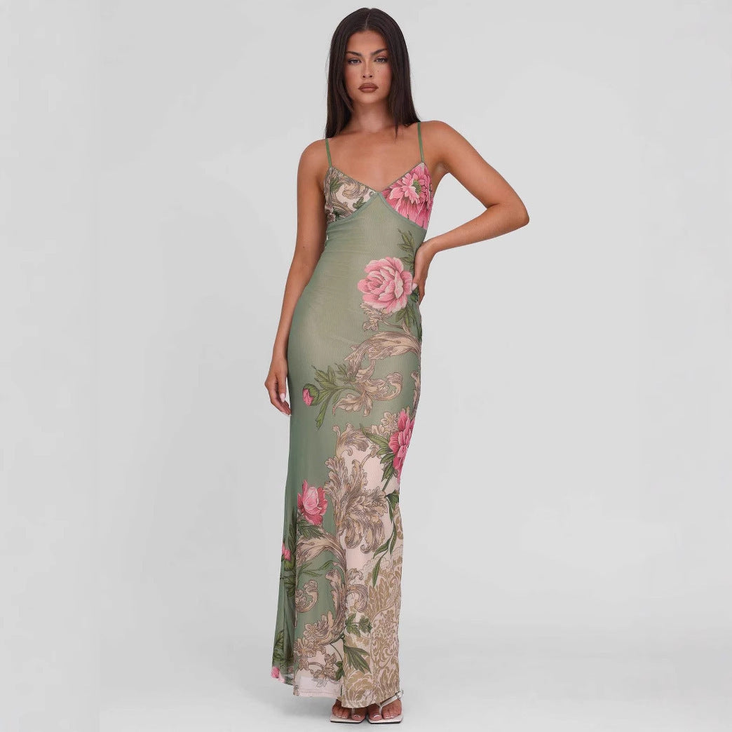 Damen nan eng anliegendes Jersey-Slipkleid mit V-Ausschnitt, Spaghettiträgern und Blumen-Leo-Print EB