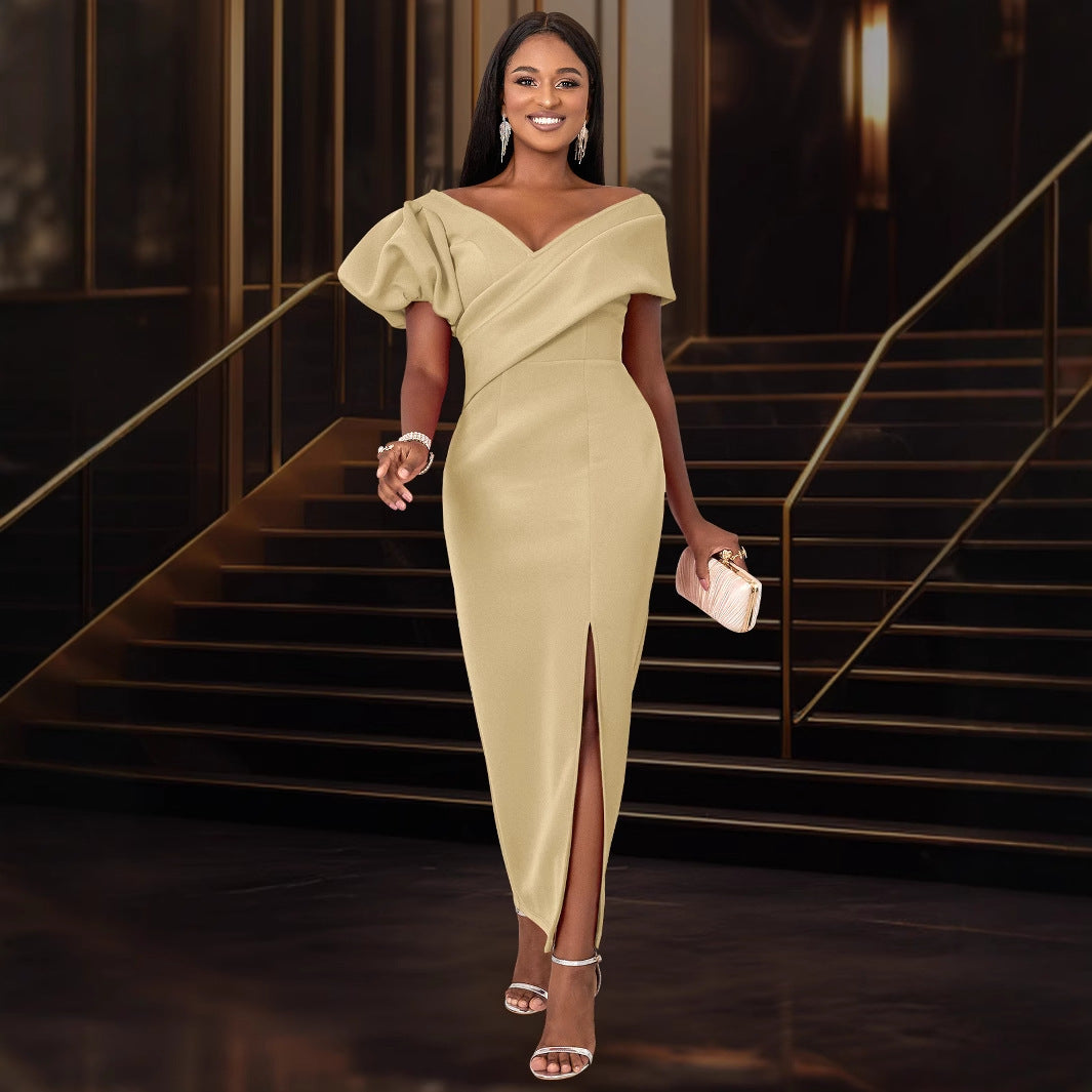 Damen Elegantes Maxikleid mit asymmetrischem Ausschnitt und voluminösen Puffärmeln EB