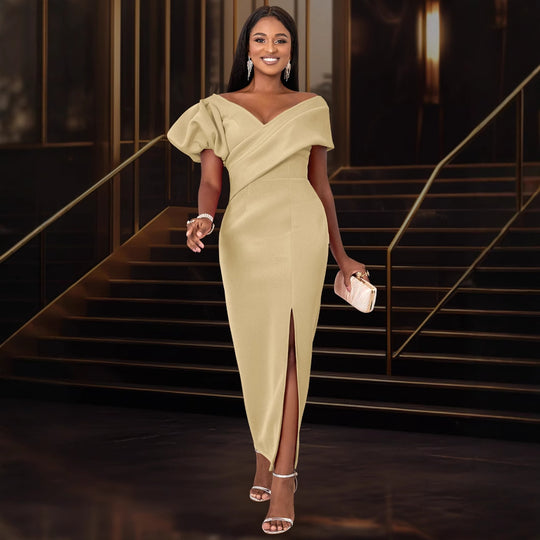 Damen Elegantes Maxikleid mit asymmetrischem Ausschnitt und voluminösen Puffärmeln EB