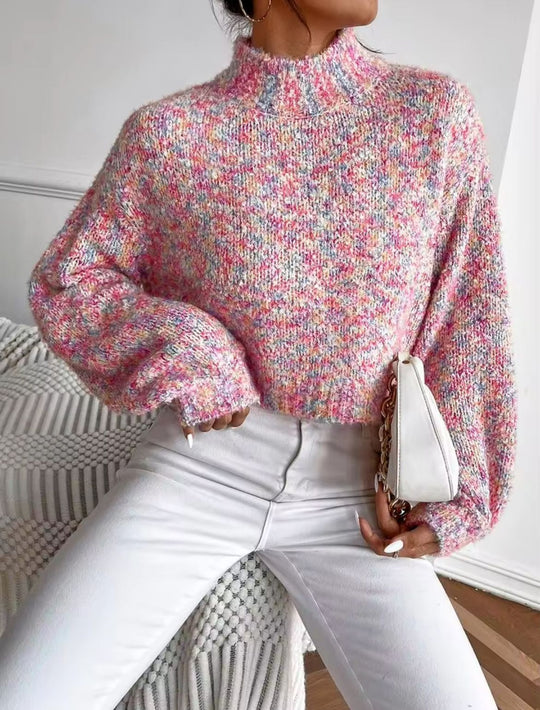 Damen Kurzgeschnittener Oversize-Pullover mit Stehkragen, mehrfarbigem Bouclé-Muster und Ballonärmeln EB
