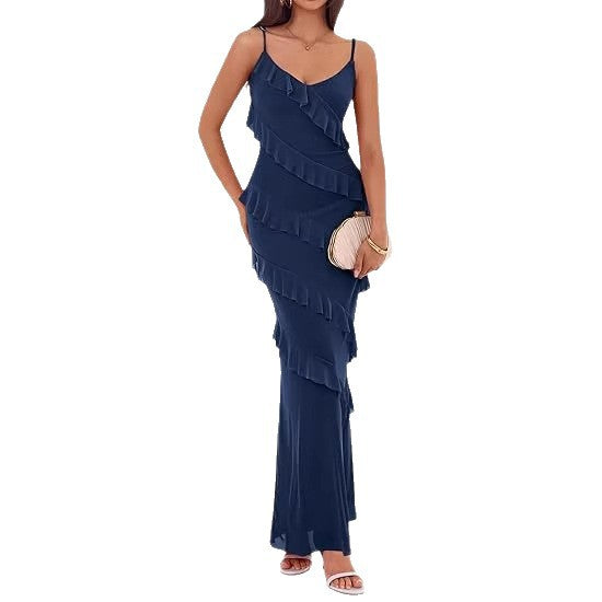 Damen Maxikleid mit Rüschen und Spaghettiträgern EB