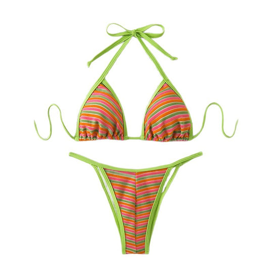 Damen Triangel-Bikini mit fröhlichem Streifenmuster und verstellbaren Trägern EB