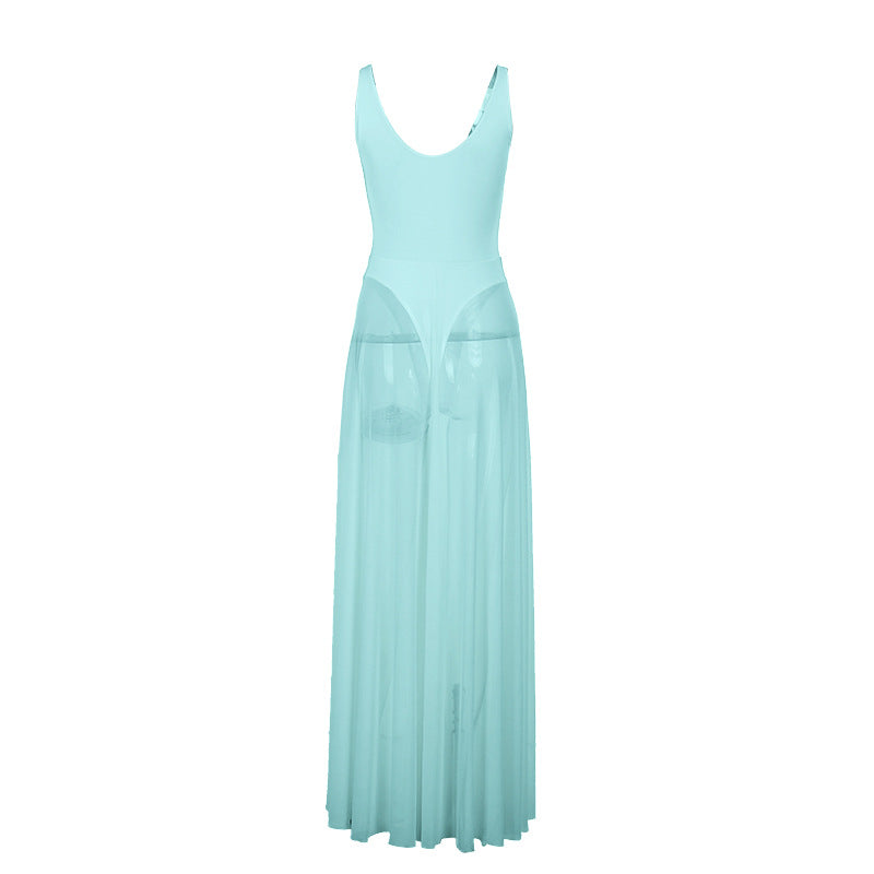 Damen Stilvolles Maxikleid mit transparentem Rock und elegantem V-Ausschnitt EB