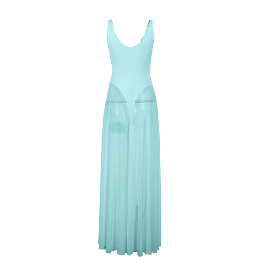 Damen Stilvolles Maxikleid mit transparentem Rock und elegantem V-Ausschnitt EB
