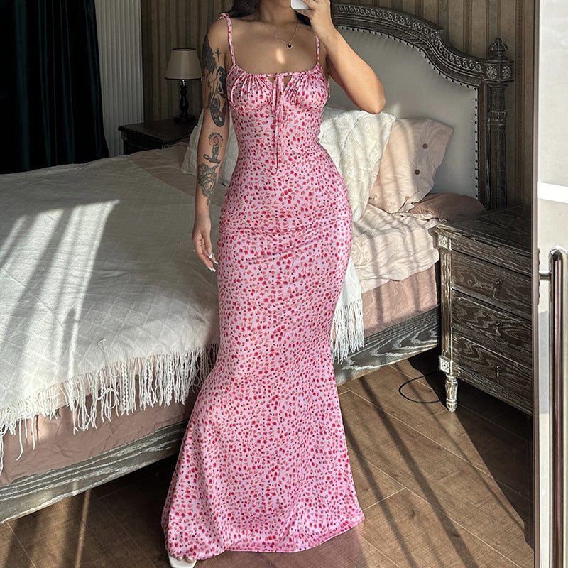 Damen Maxikleid mit zarten Blumenmustern und verstellbaren Spaghettiträgern EB