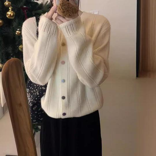 Damen Grobstrick-Cardigan mit geschmackvollem Knopfverschluss und weiten Ärmeln EB