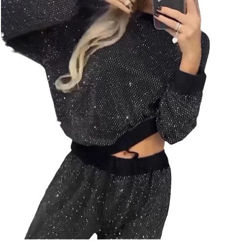 Damen Glitzerndes Freizeitset mit Cropped Sweater und bequemer Hose EB