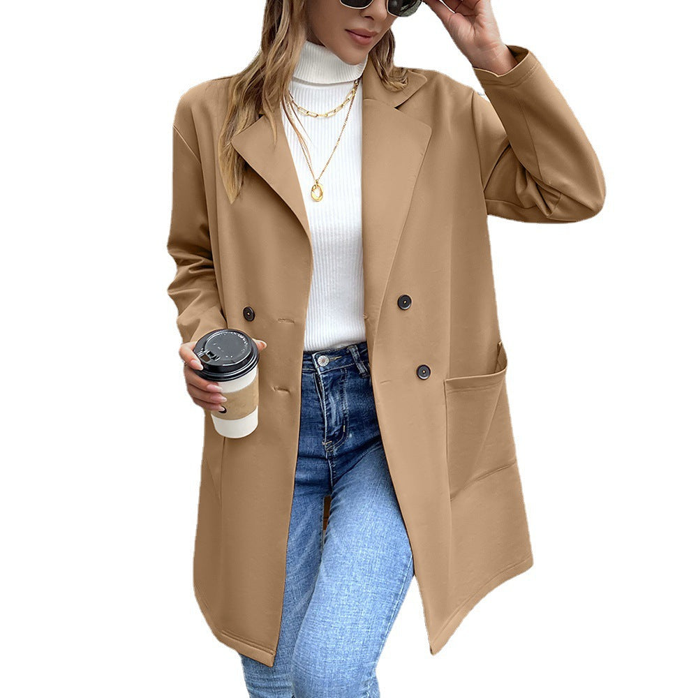 Damen elegante Oversized-Blazerjacke mit doppelter Knopfleiste und praktischen Taschen EB