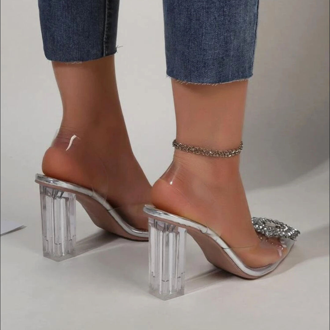 Damen elegante transparente Mules mit glitzerndem Schmuck-Riemen EB