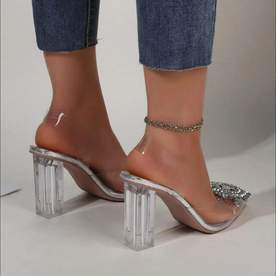 Damen elegante transparente Mules mit glitzerndem Schmuck-Riemen EB