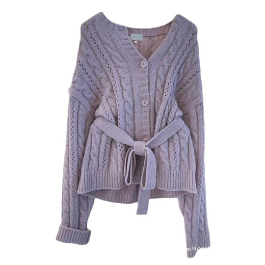 Damen Strickjacke mit Taillengürtel und Zopfmuster EB