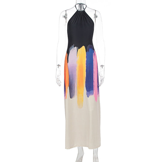 Damen Elegantes Maxikleid mit hochgeschlossenem Design und kreativem Farbverlauf EB