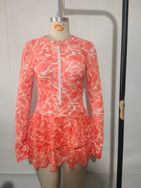 Damen Sport Badeanzug mit Reißverschluss und Rüschendetails EB
