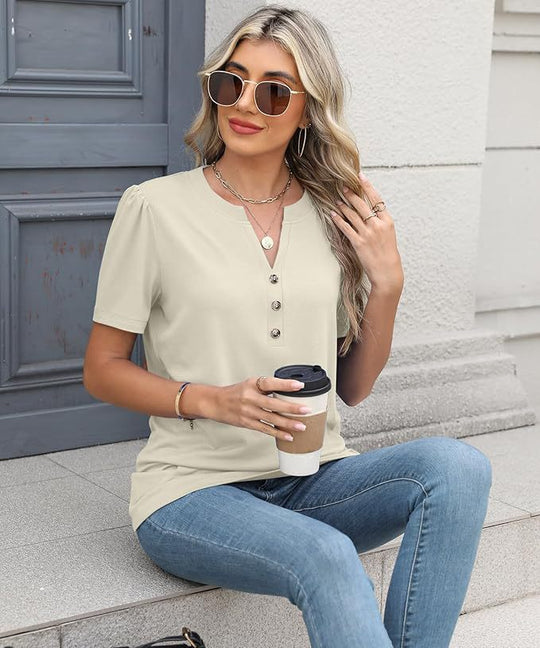 Damen modisches T-Shirt mit Knopfdetail und kurzen Ärmeln EB