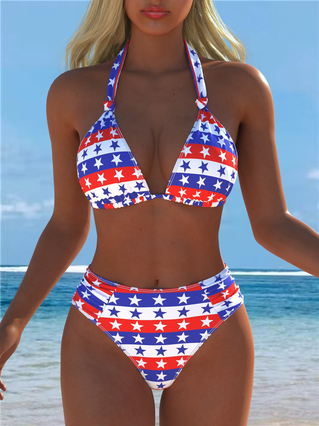 Damen Triangel-Bikini mit hohem Bund und patriotischem Sternen-Muster EB