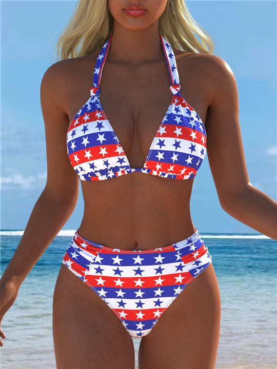 Damen Triangel-Bikini mit hohem Bund und patriotischem Sternen-Muster EB