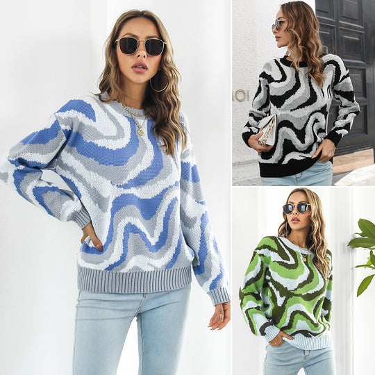 Damen lässiger Pullover mit einzigartigem Wellenmuster EB