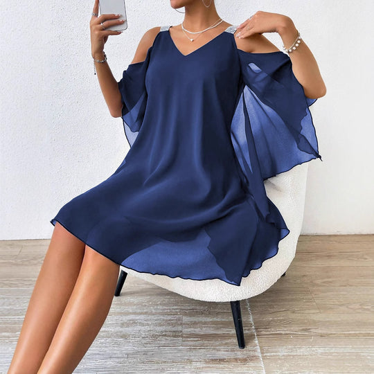 Damen schulterfreies Flatterkleid mit glitzernden Trägern EB