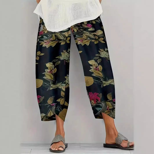 Damen lässige weite Stoffhose mit floralem Muster und elastischem Bund EB
