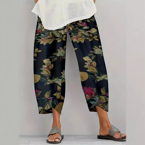 Damen lässige weite Stoffhose mit floralem Muster und elastischem Bund EB