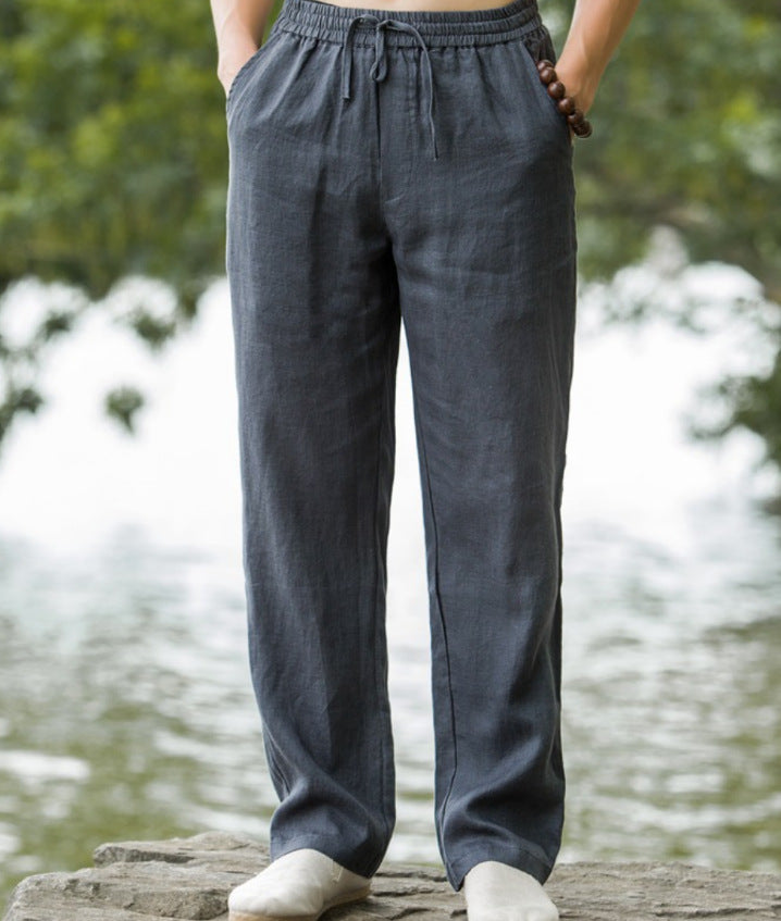 Herren nan leichte Leinenhose mit elastischem Bund weites Bein und seitlichen Eingrifftaschen EB