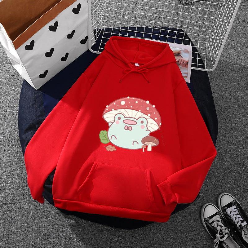 Damen nan weicher Oversize-Kapuzenpullover mit kawaii Pilzfrosch-Print, Kängurutasche und gerippten Bündchen EB