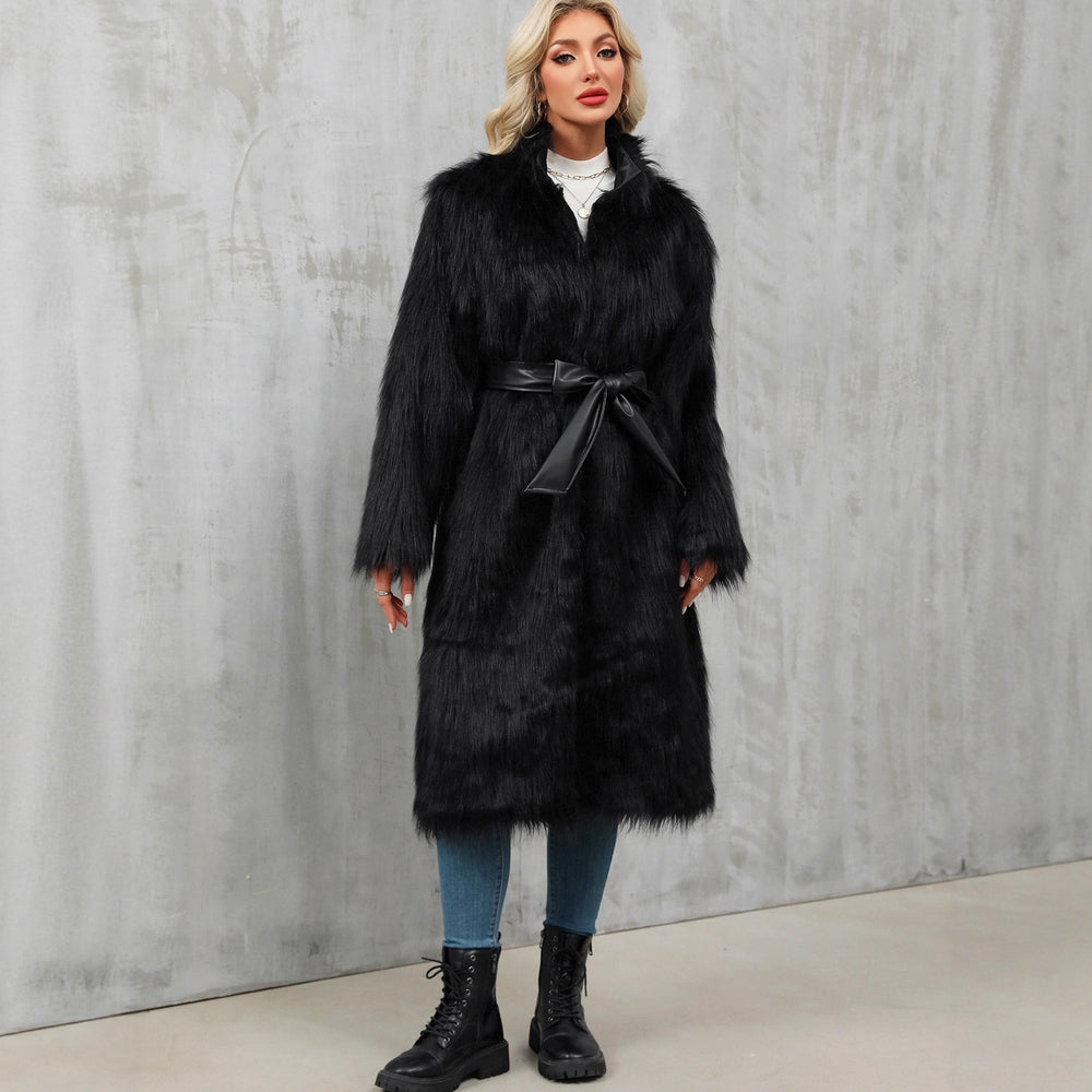 Damen Eleganter Kunstpelz-Mantel mit Taillengürtel und hochgeschlossenem Kragen EB