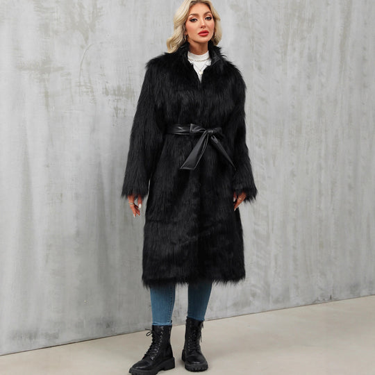 Damen Eleganter Kunstpelz-Mantel mit Taillengürtel und hochgeschlossenem Kragen EB