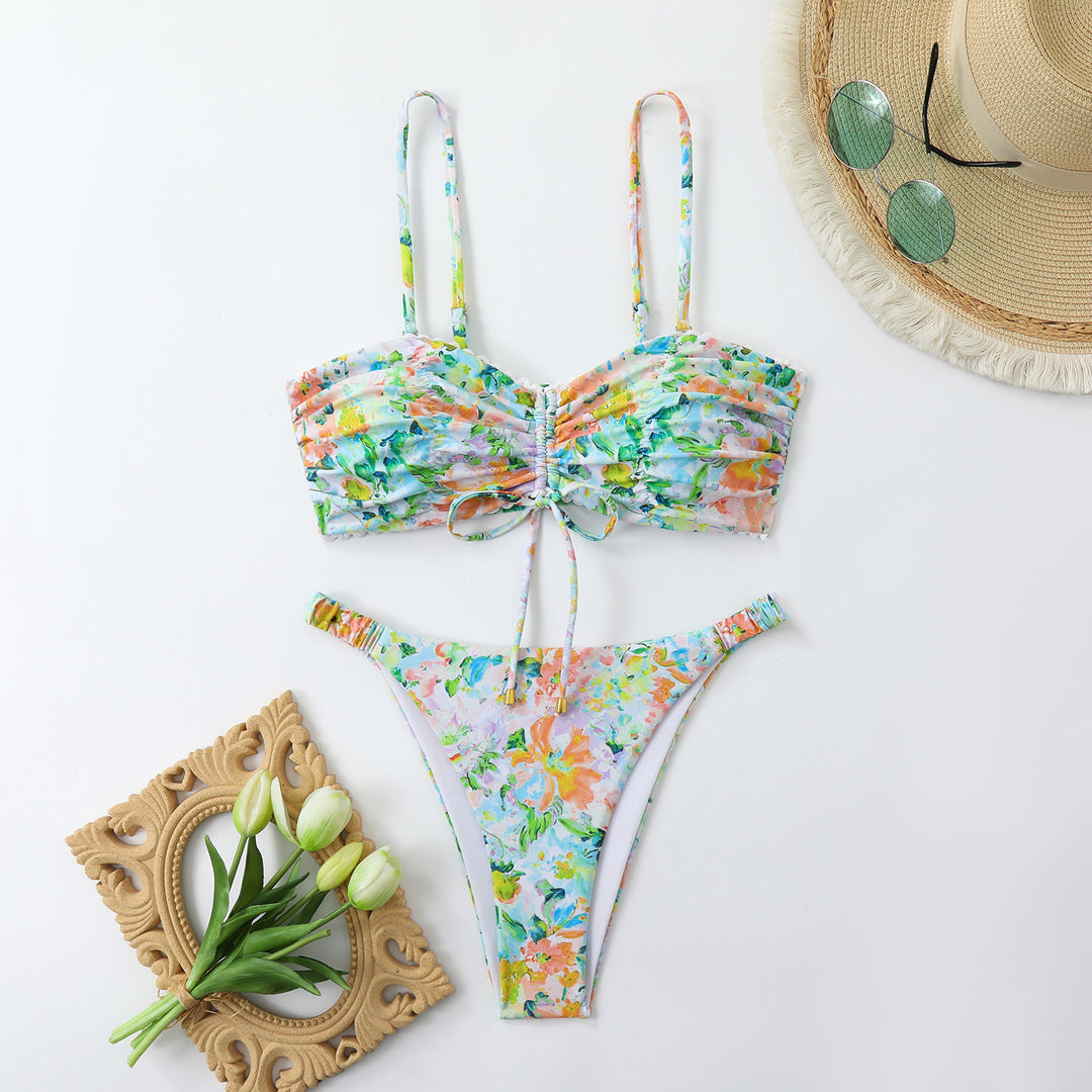 Damen-Bikini-Set mit Raffung und romantischem Blumendesign EB