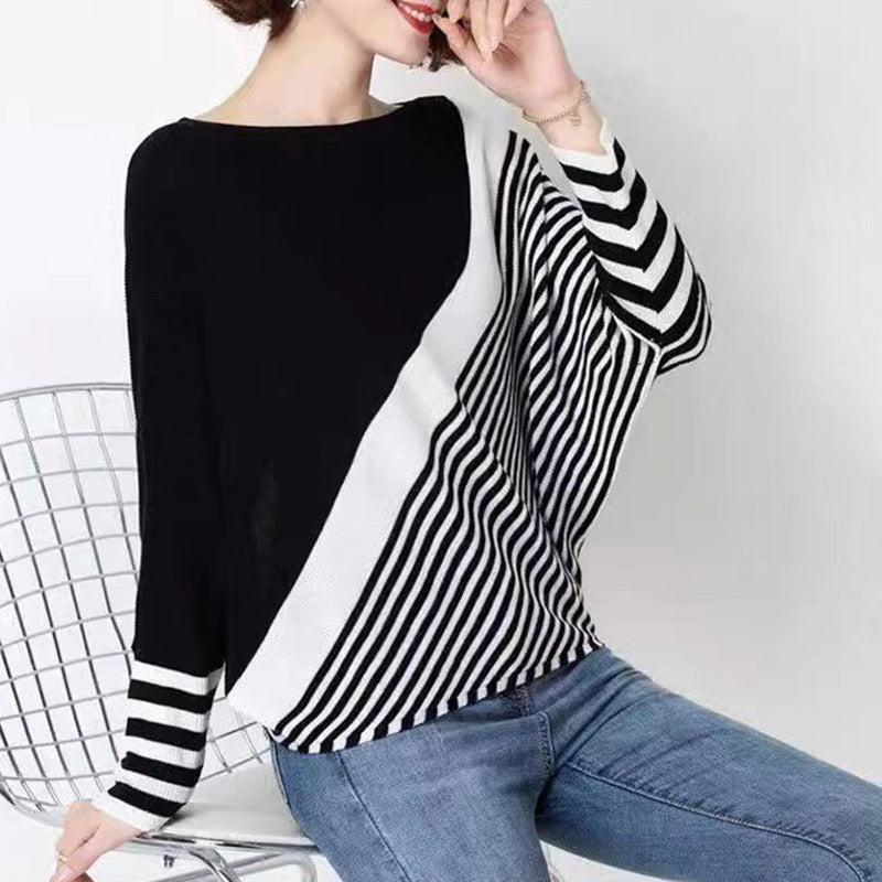 Damen modischer Strickpullover mit asymmetrischem Schnitt und grafischem Streifenmuster EB