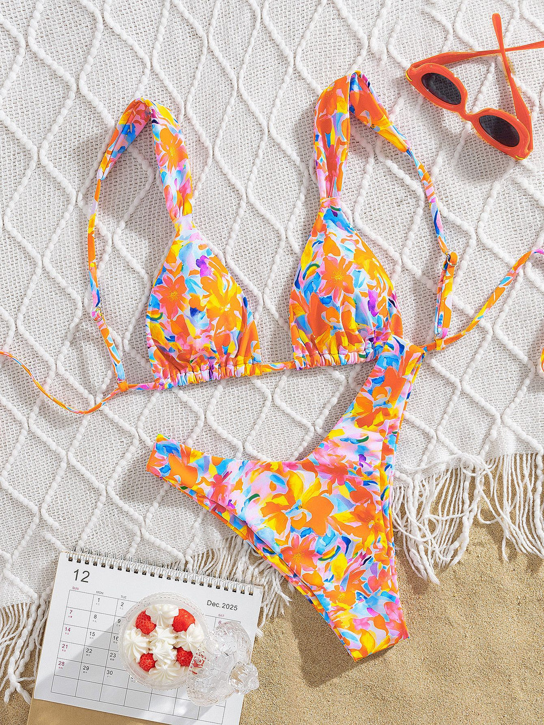 Damen Triangel-Bikini mit buntem Blumendesign und verstellbaren Trägern EB