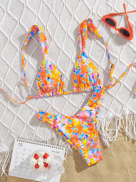 Damen Triangel-Bikini mit buntem Blumendesign und verstellbaren Trägern EB