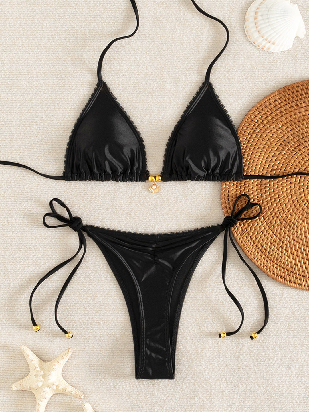 Damen Triangel-Bikini-Set mit luxuriösen Rüschendetails und dekorativem Bindeband EB