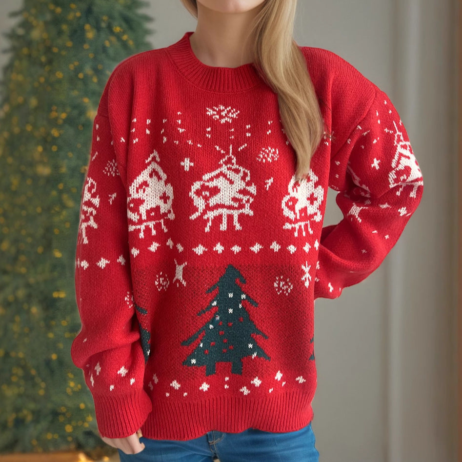 Damen gestrickter Weihnachtspullover mit festlichen Motiven und lässigem Schnitt EB