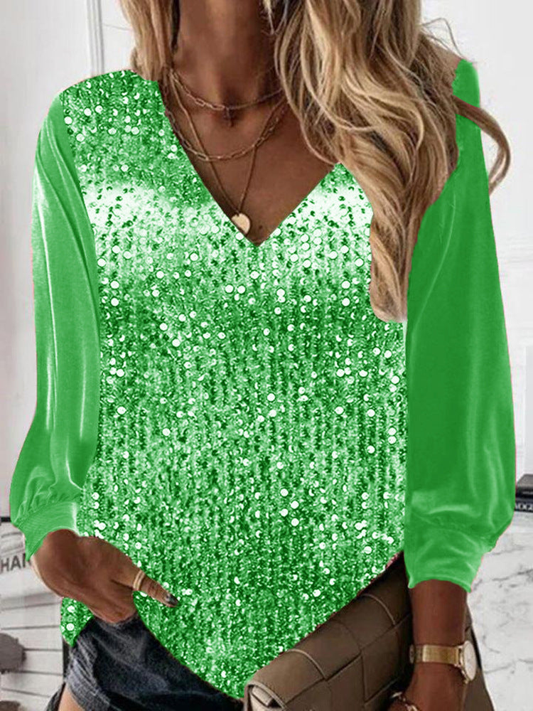 Damen Glitzernde Pailletten V-Ausschnitt Bluse mit Satinärmeln EB