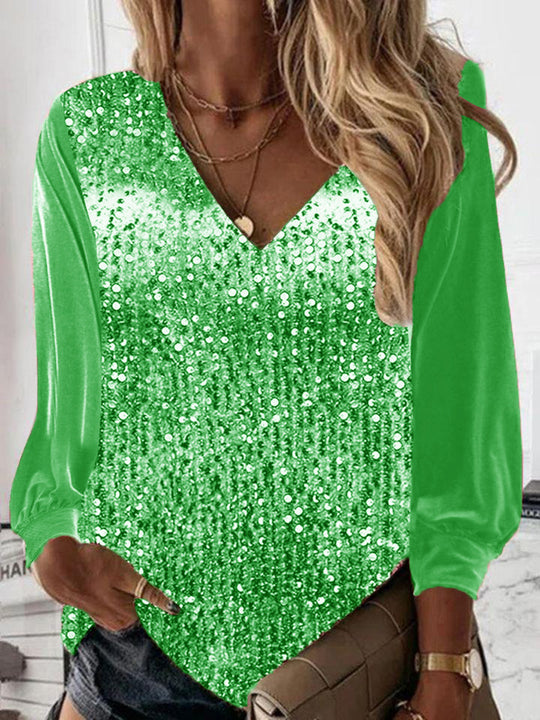 Damen Glitzernde Pailletten V-Ausschnitt Bluse mit Satinärmeln EB