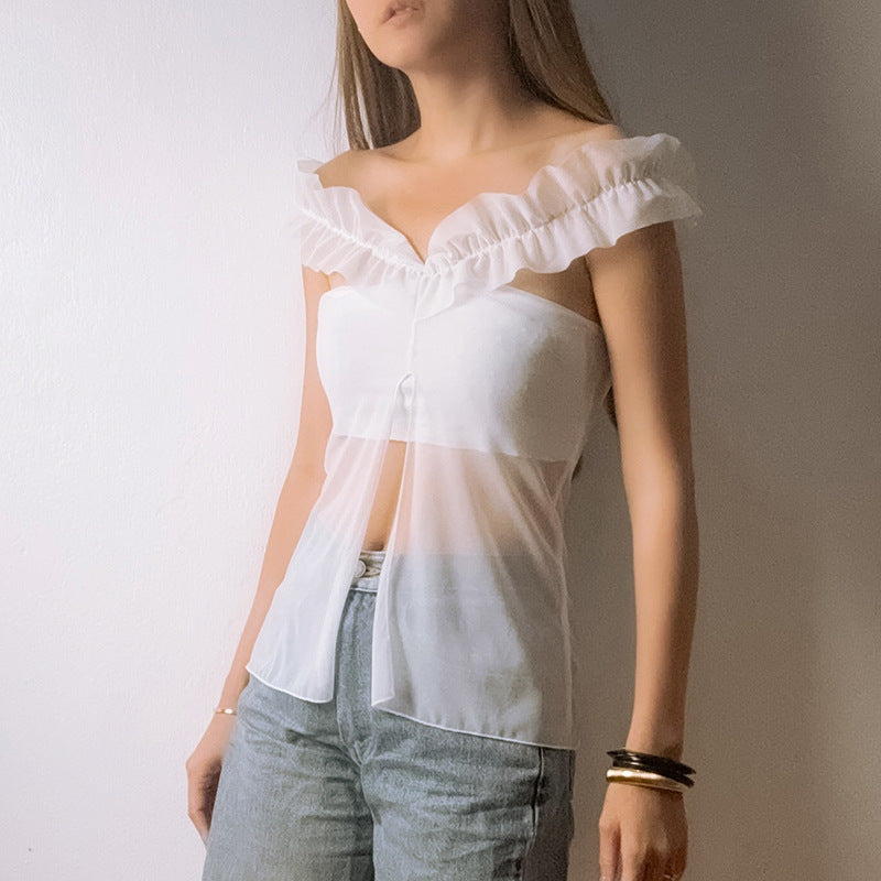 Damen Top mit transparentem Mesh-Einsatz und dekorativem Rüschendraht EB