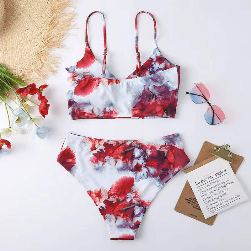 Damen Hoch tailliertes Bikini-Set mit Blumenmuster EB
