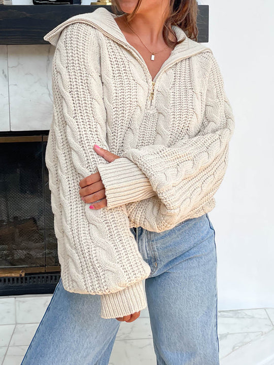 Damen lässiger Strickpullover mit weichem Zopfmuster und praktischer Kapuze EB