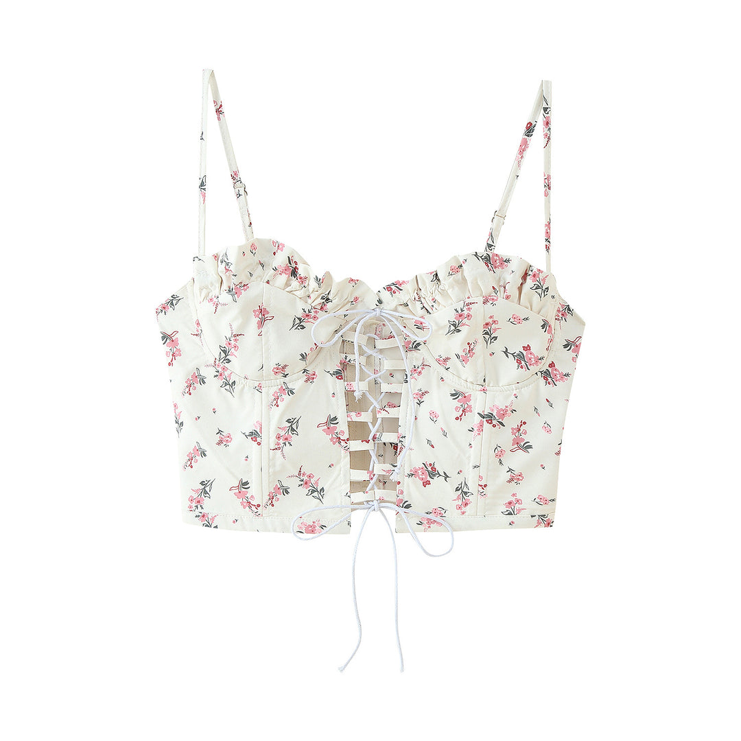 Damen Crop-Top mit Rüschendetails und floralem Design EB