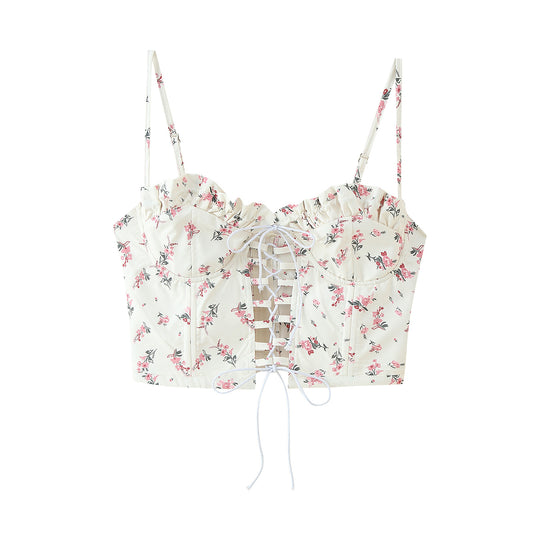 Damen Crop-Top mit Rüschendetails und floralem Design EB