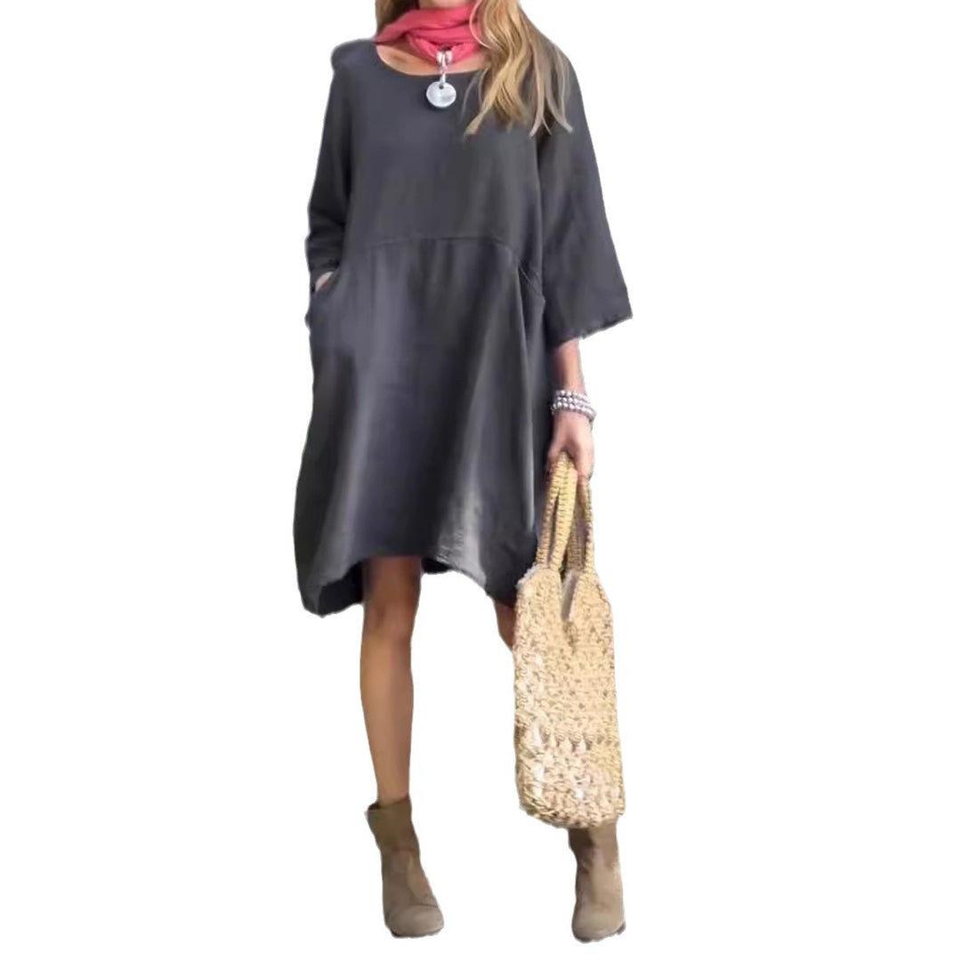 Damen lässiges Leinenkleid mit praktischen Taschen und asymmetrischem Saum EB