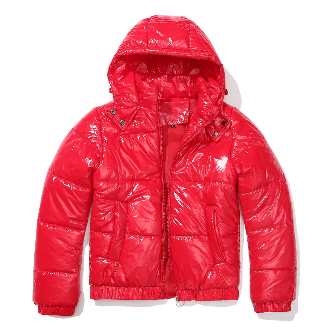 Damen glänzende Steppjacke mit abnehmbarer Kapuze EB