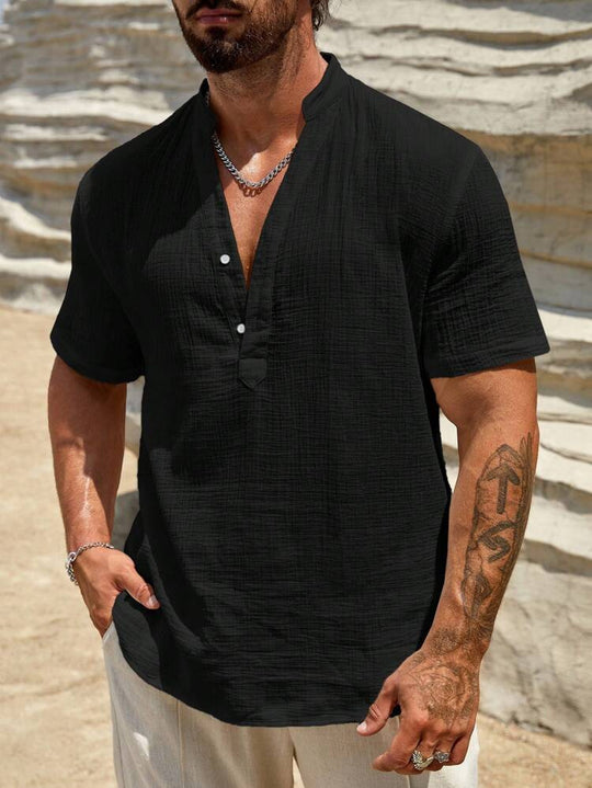 Herren Kurzarm Henley Hemd mit modernem Stehkragen aus leichtem Baumwollmaterial EB