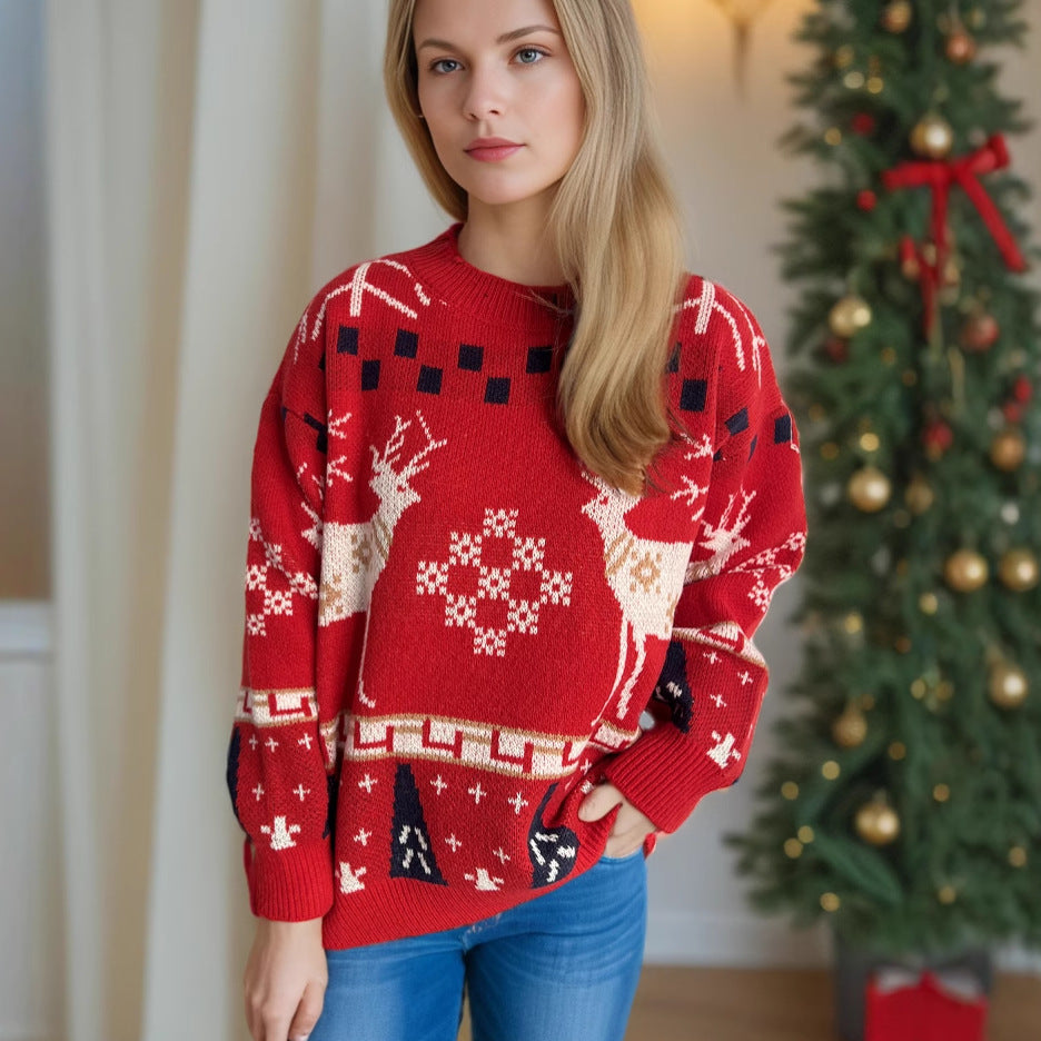 Damen gemusterter Weihnachtspullover mit festlichem Rentierdesign und Oversize-Schnitt EB