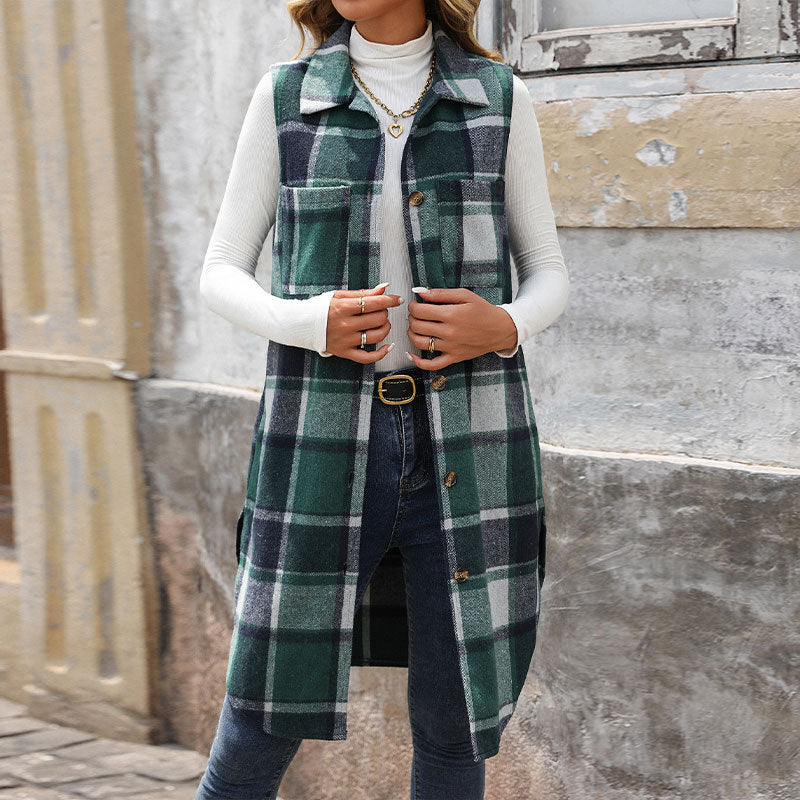 Damen Langarm-Weste mit Karo-Muster und praktischen Taschen EB