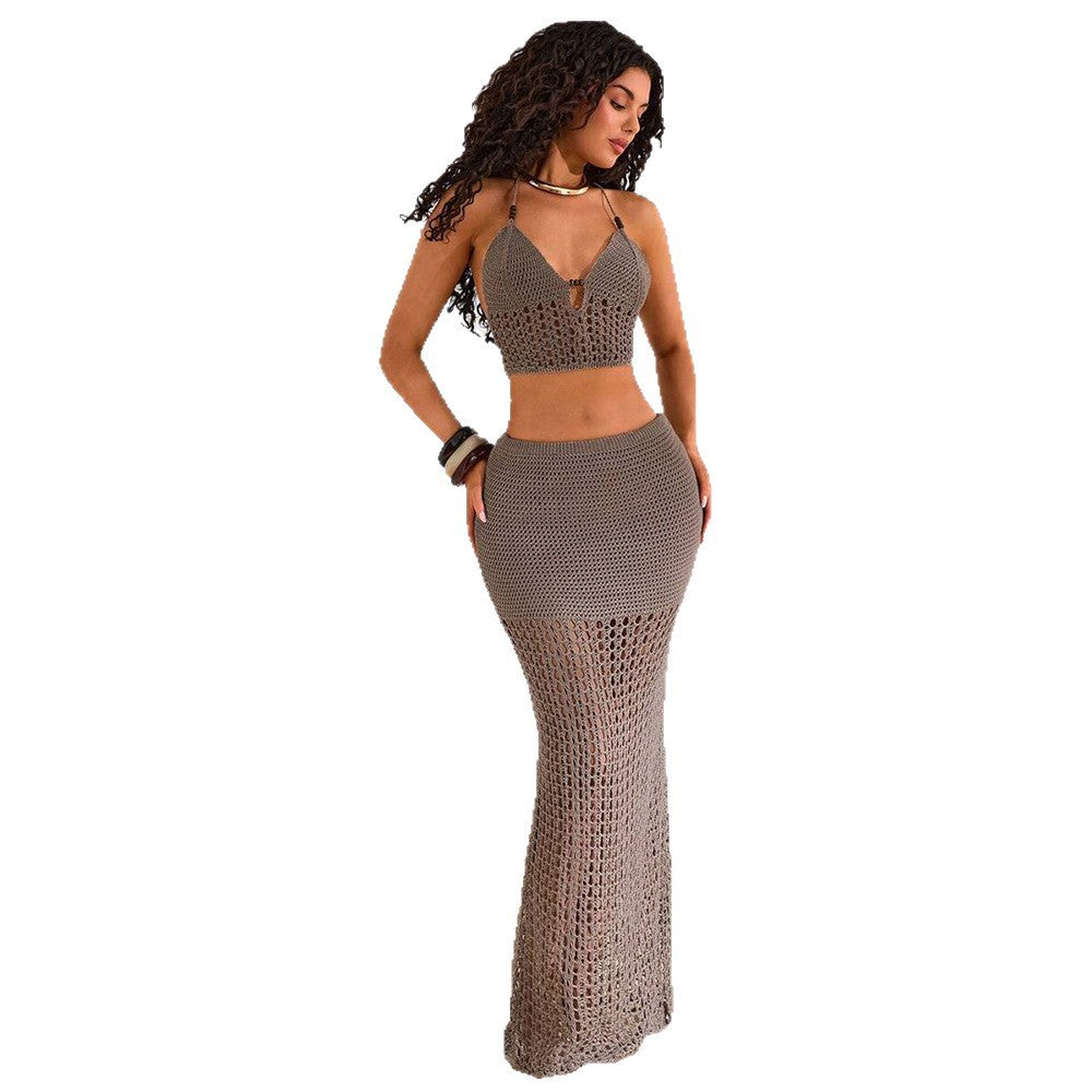 Damen gehäkeltes Strandset mit tiefem V-Ausschnitt und figurbetonter Silhouette EB