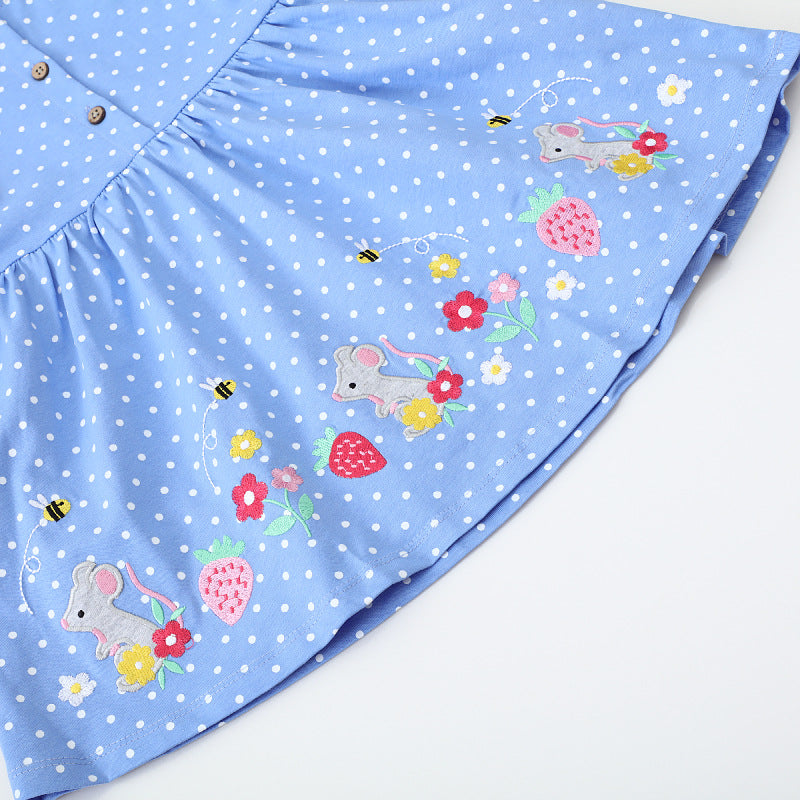 Mädchen Freizeitkleid mit niedlichen Mäuse- und Blumenstickereien EB