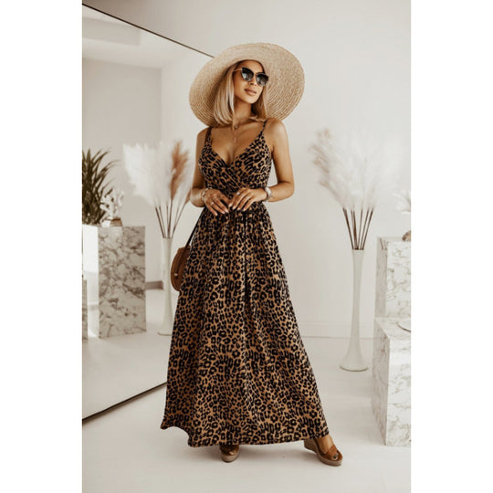 Damen Sleek Leopardenmuster Maxi Kleid EB